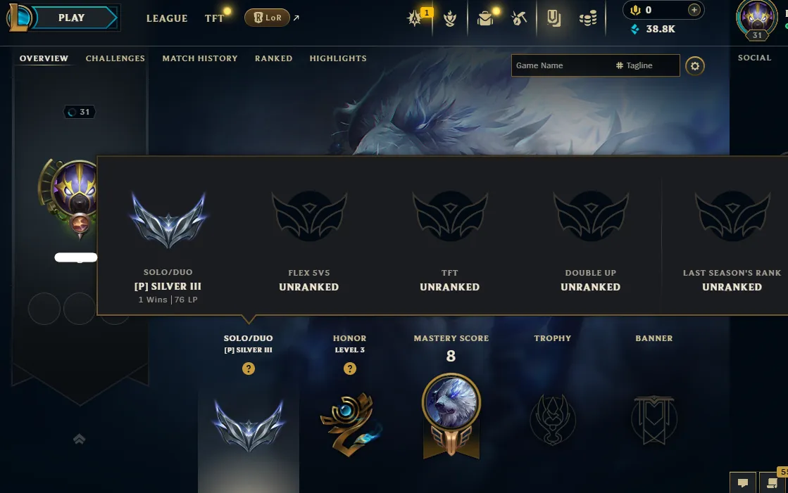 【 EUW 】∙ Silver III Smurf ♦️ Max LP Gain ♦️ 38K BE ☑️Honor Level 3☑️Unverified Email🚚 Instant Delivery